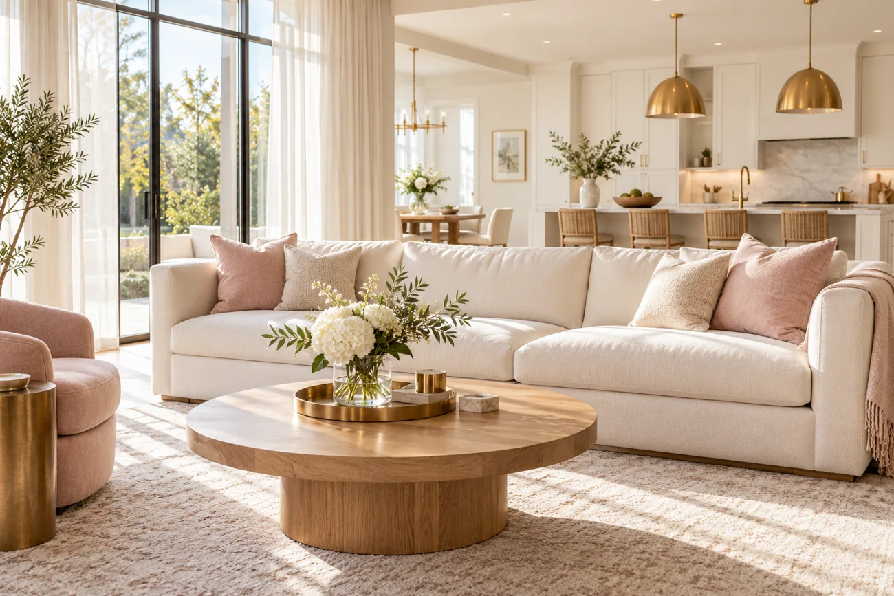 A bright, inviting living room in ivory and blush; illustrative brand image